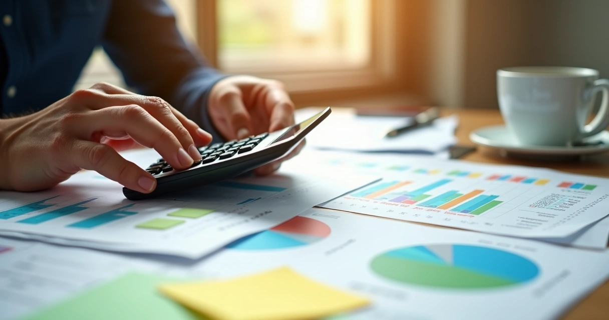 Mão segurando calculadora e planilha de custos sobre mesa 