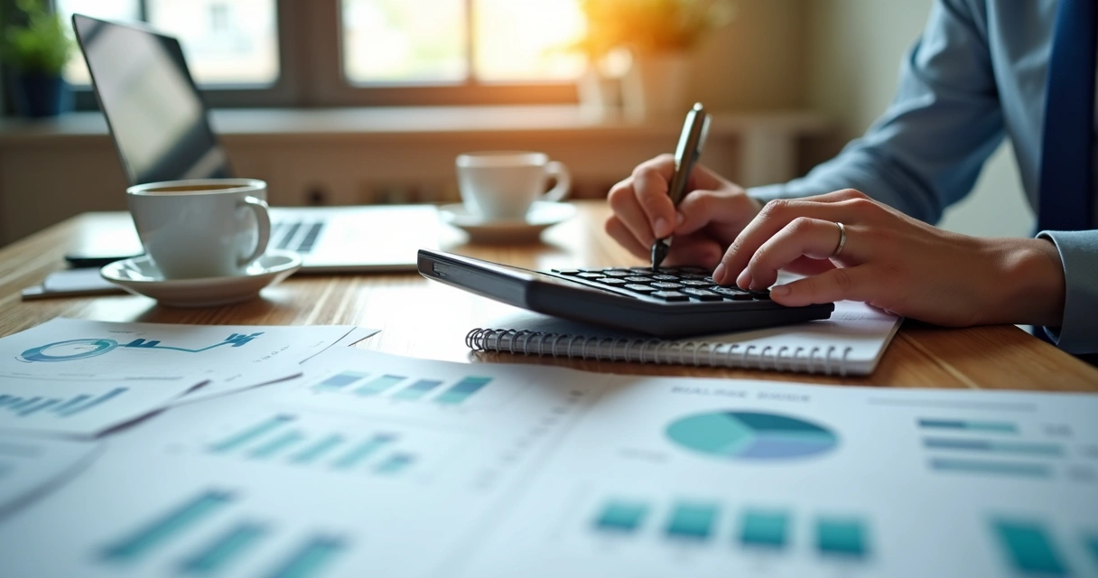 Mãos usando calculadora e anotando custos e preços em caderno sobre mesa de madeira 