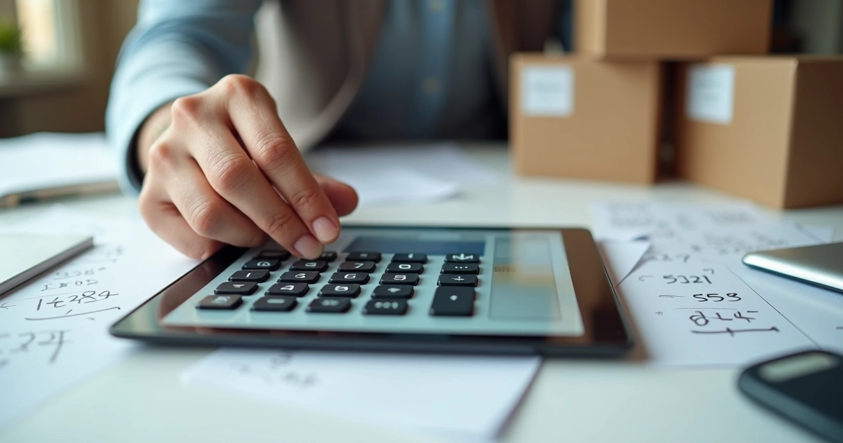 Simulação da calculadora de taxas do Mercado Livre com mão digitando valores na tela