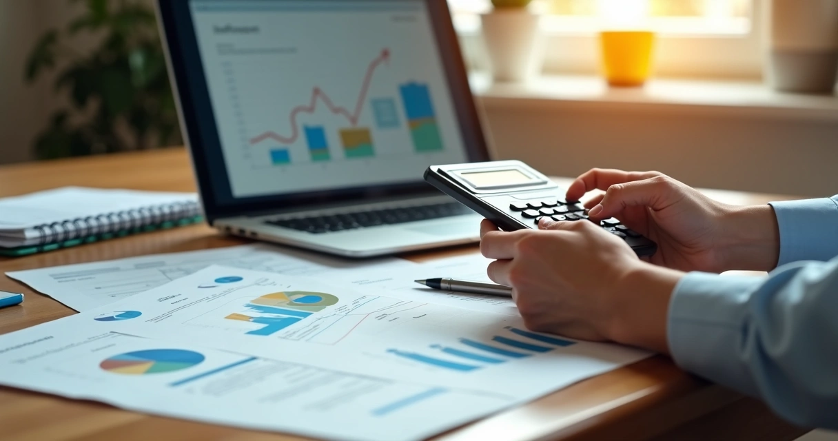 Mãos segurando calculadora com documentos e contratos de aluguel ao redor em mesa de escritório 
