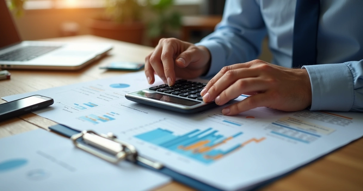 Mão segurando calculadora em cima de contrato de aluguel, moedas ao redor e gráficos de índices 