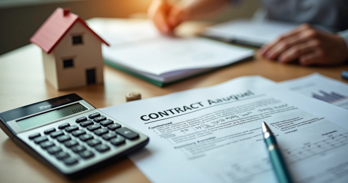 Calculadora, contrato e casa em miniatura sobre mesa 
