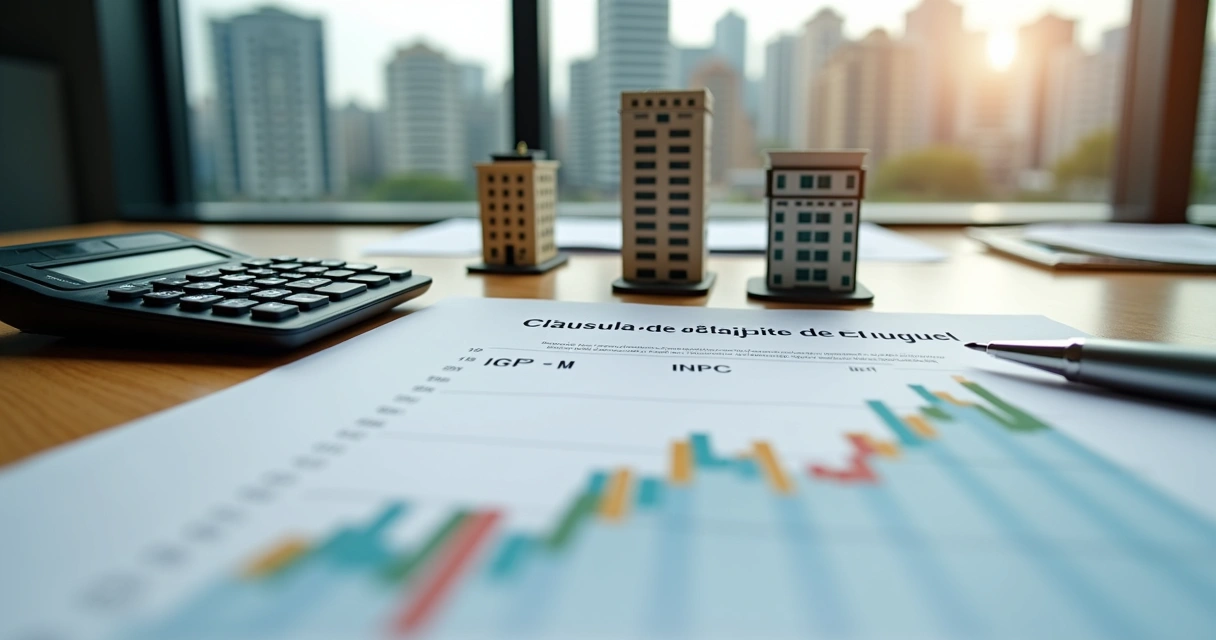 Mesa com calculadora, miniaturas de prédios e gráfico de reajuste de aluguel 