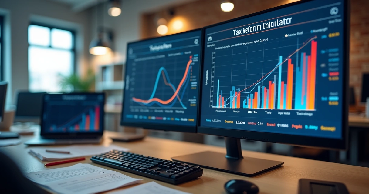 Tela de computador mostrando software de calculadora da reforma tributária com gráficos de tributos CBS, IBS e IS 