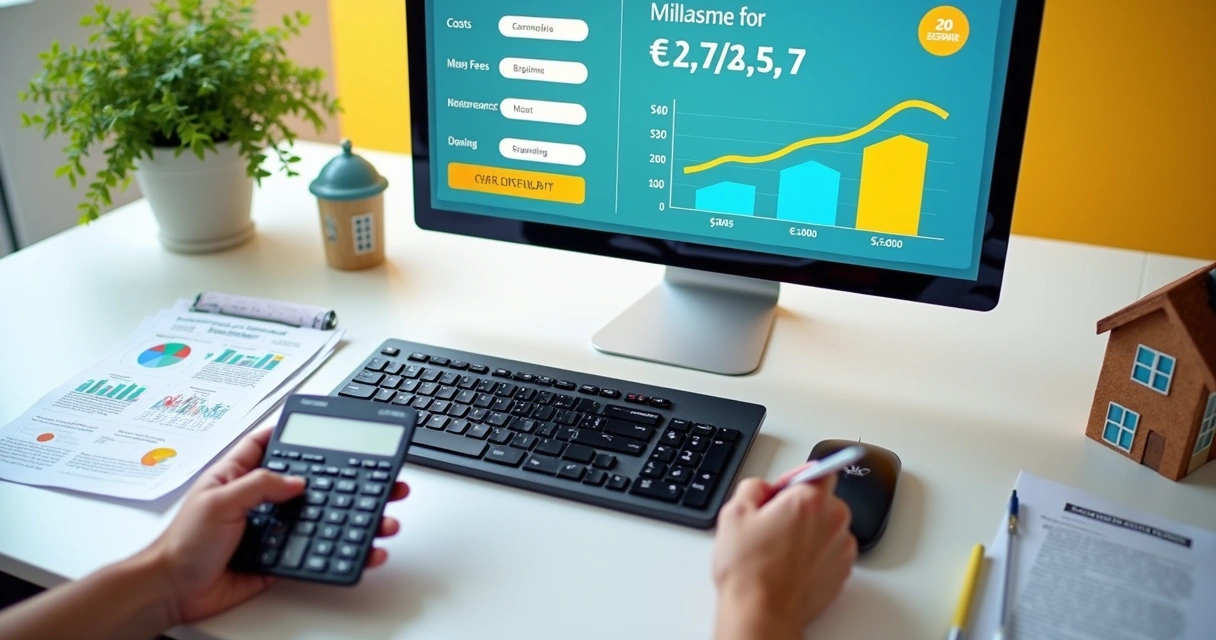 Simulação visual de calculadora de rentabilidade para imóvel de leilão com desktop e gráficos 