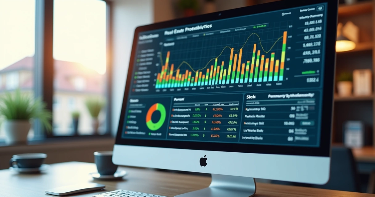 Computador mostrando calculadora de rentabilidade de imóvel com gráficos de lucro e imóveis ao fundo 
