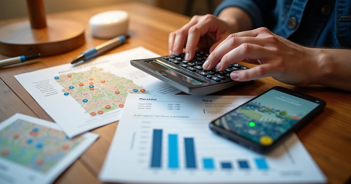 Pessoa usando calculadora simulando rentabilidade em leilão de imóvel 