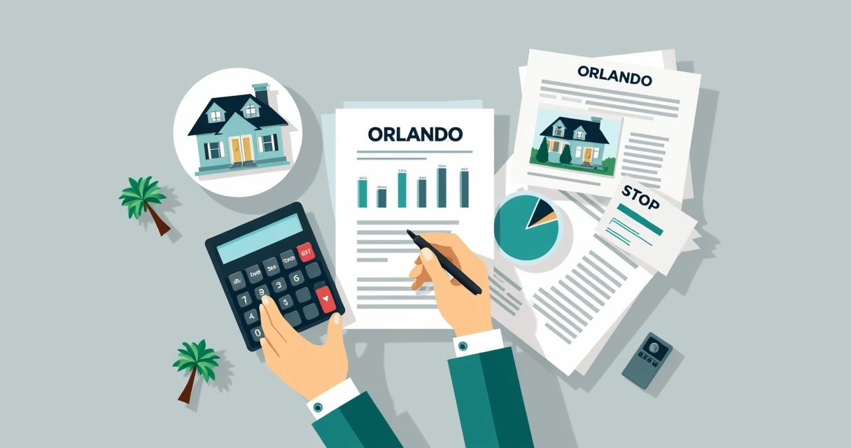 Calculator, documentation, and financial spreadsheets with Orlando highlighted.