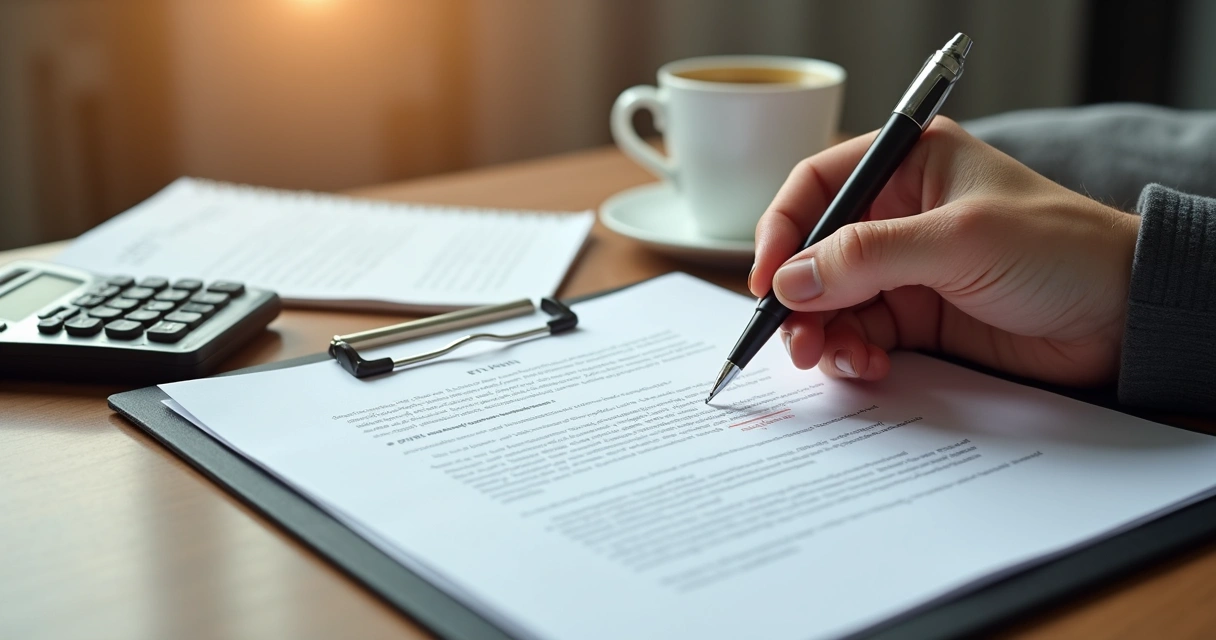 Pessoa analisando contrato de consórcio com calculadora 
