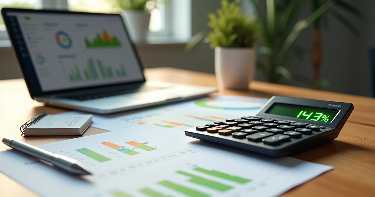 Calculadora e gráficos exibindo ROI sobre mesa com notebook aberto 