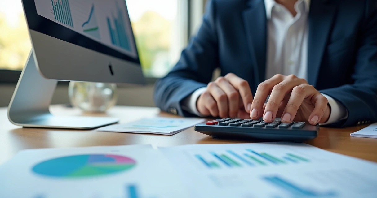 Pessoa calculando o ROI de um software personalizado em mesa de escritório 