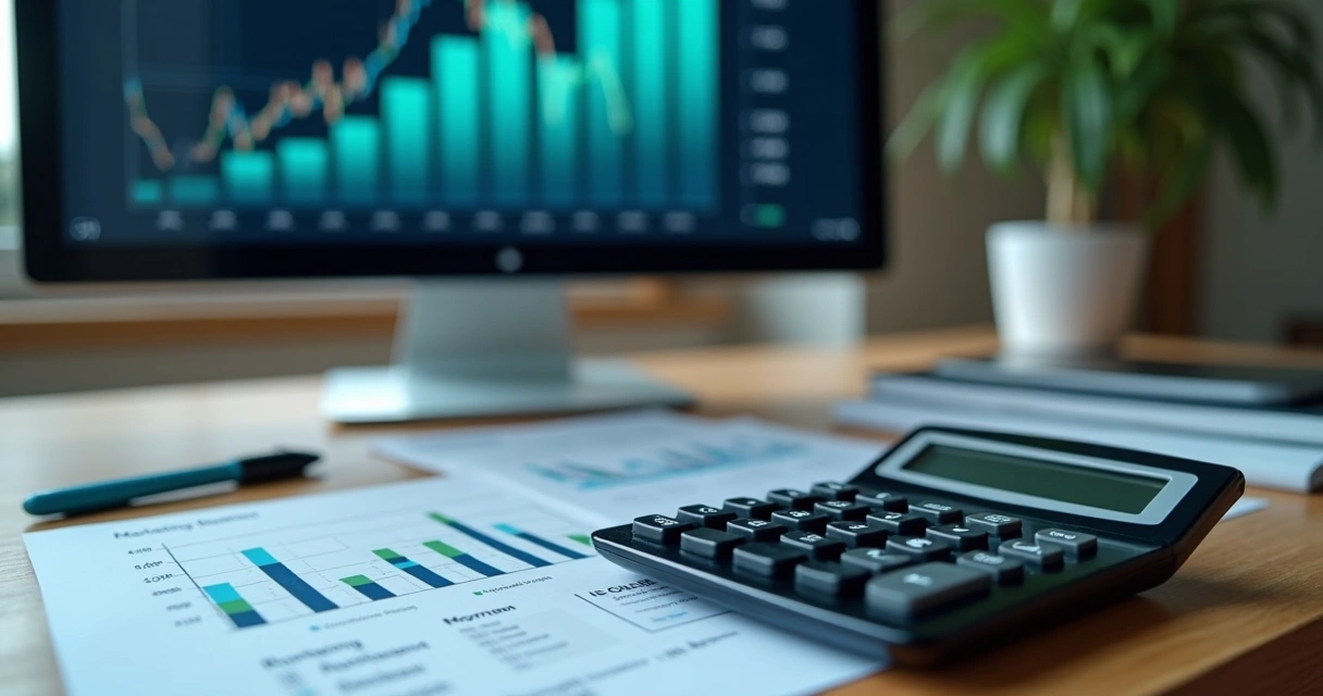 Calculadora ao lado de tela mostrando gráfico de crescimento 