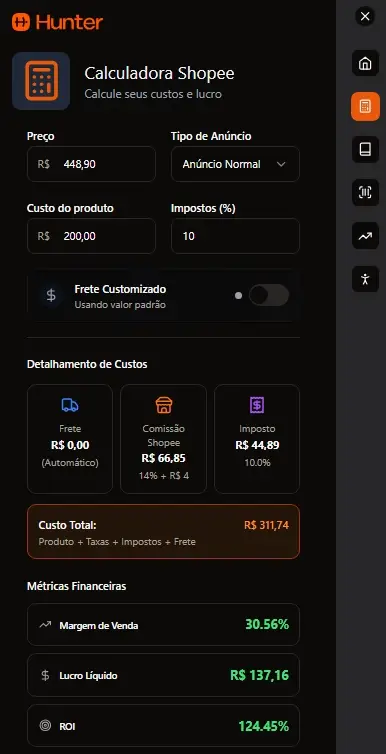 Calculadora Shopee exibindo preços, custos, impostos e métricas financeiras com margem de venda, lucro líquido e ROI em destaque