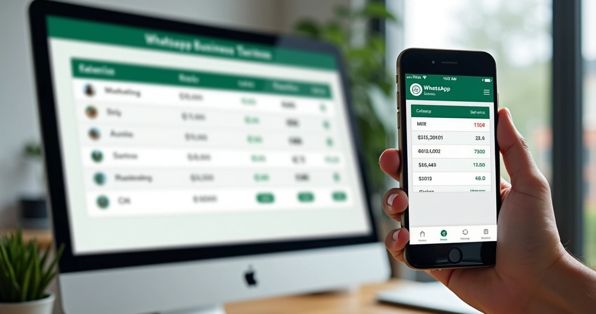 Tela de computador e celular exibindo cálculo de tarifas do WhatsApp Business 