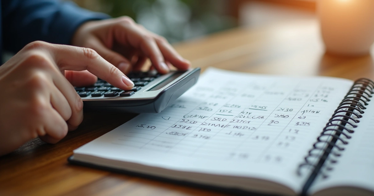 Calculadora e caderno com anotações sobre horas trabalhadas e valores 