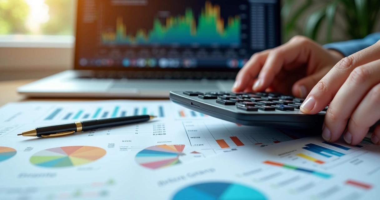 Mãos segurando uma calculadora sobre uma mesa com gráficos financeiros e documentos de fundos de investimento 