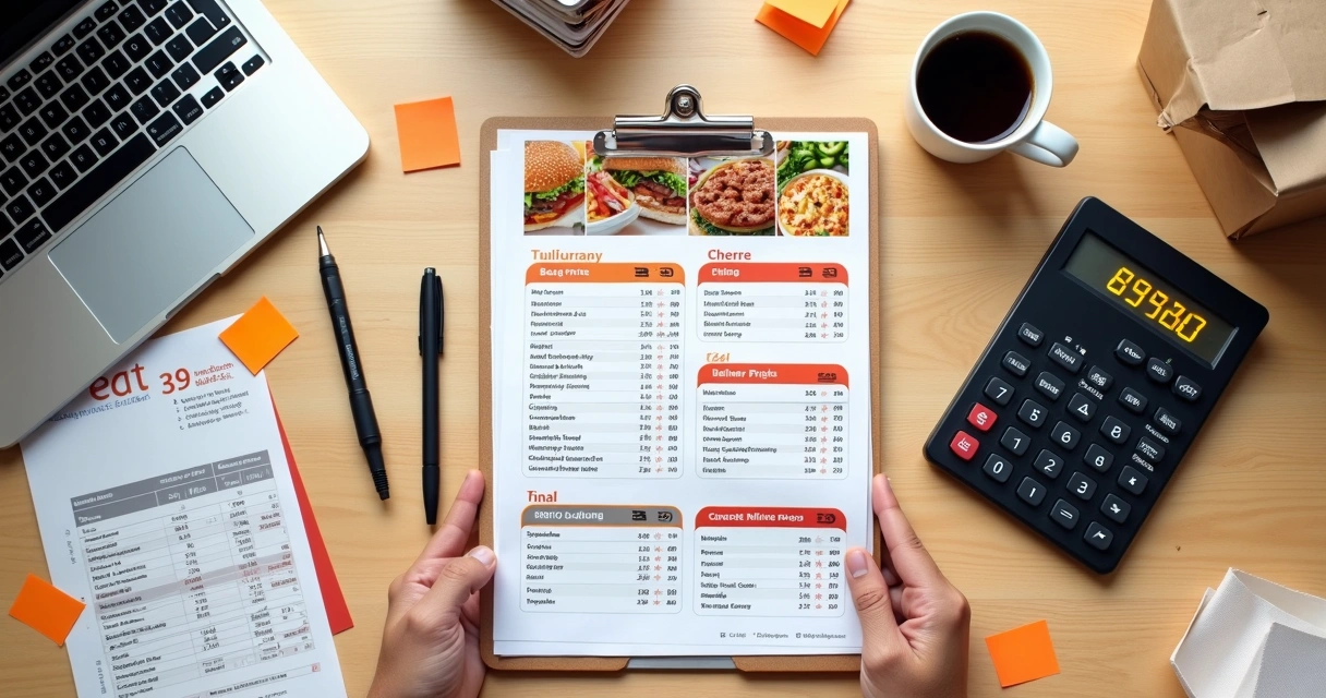 Planilha com cardápio de delivery ao lado de calculadora e taxas destacadas 