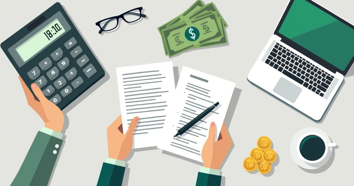 Calculadora e notas organizadas na mesa para cálculo de taxas em vendas online 