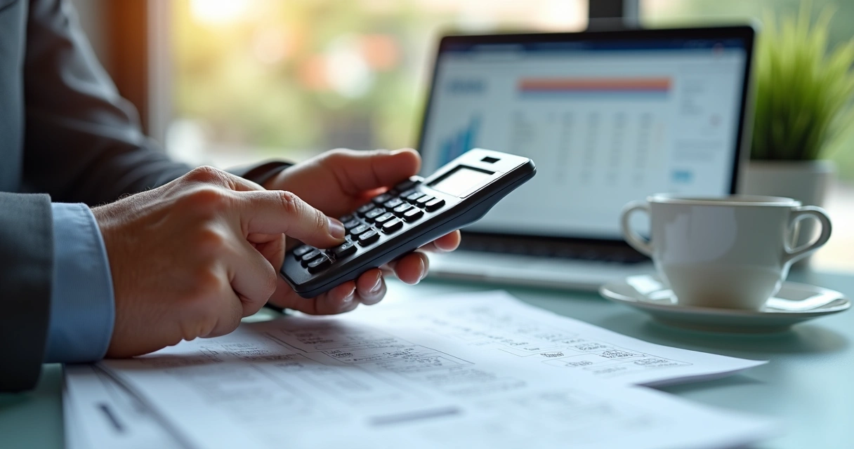 Calculadora, planilhas e notas fiscais sobre uma mesa, com caneta ao lado 