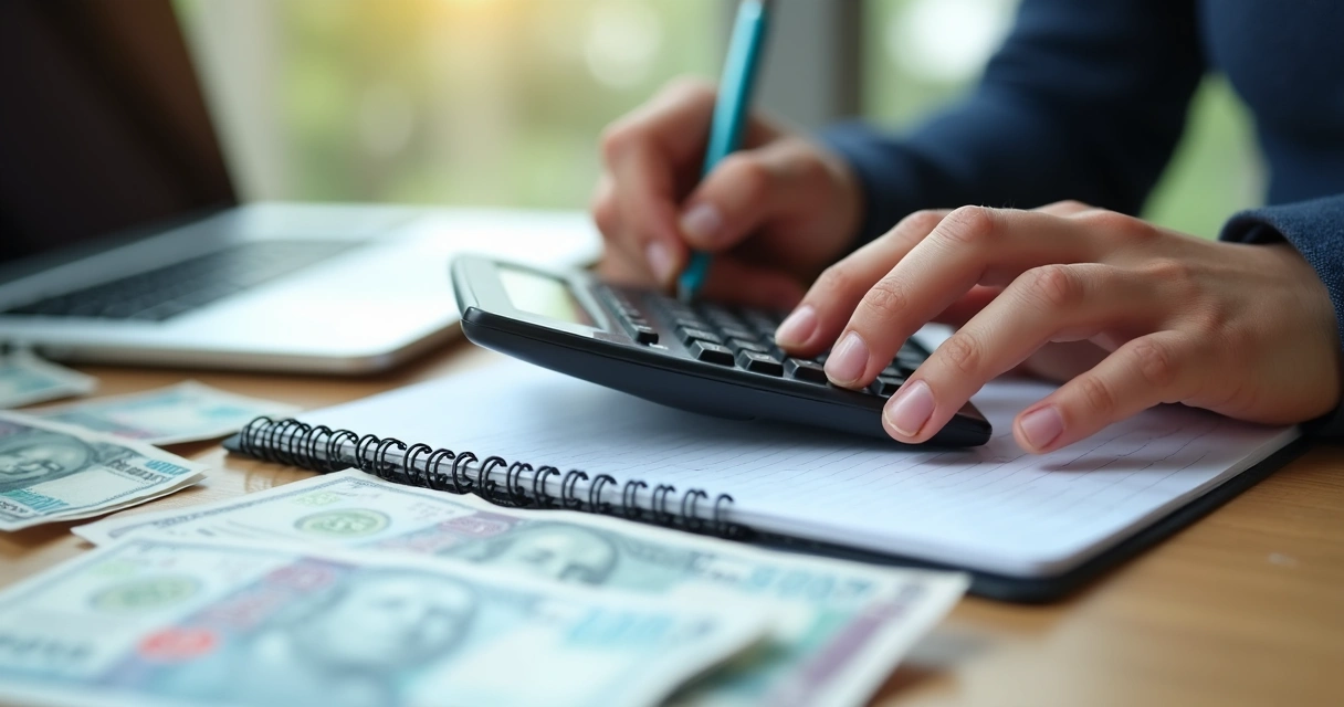Calculadora e notas de dinheiro sobre uma mesa 