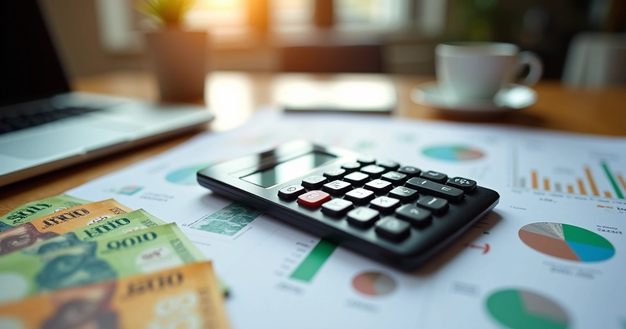 Calculadora financeira sobre mesa com gráficos e cédulas ao redor 
