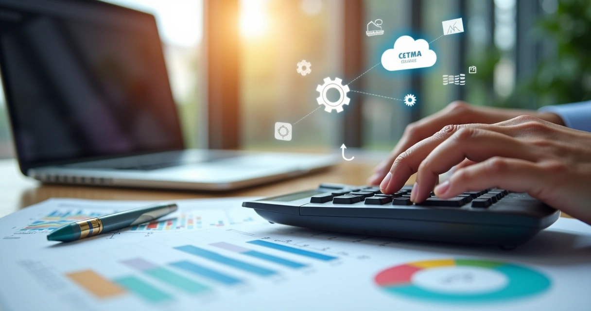 Calculadora e notebook em uma mesa com gráficos de impostos e tecnologia