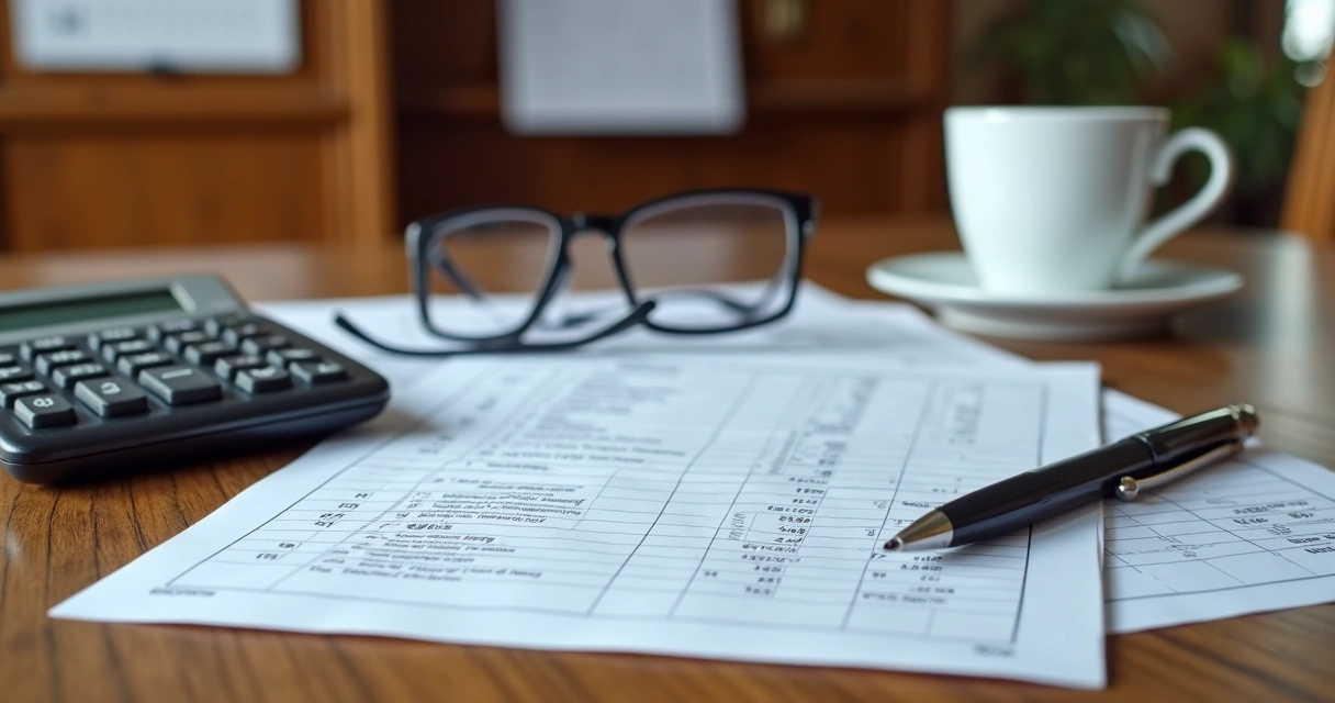 Calculadora com planilhas de folha de pagamento, caneta, óculos e café em mesa de escritório
