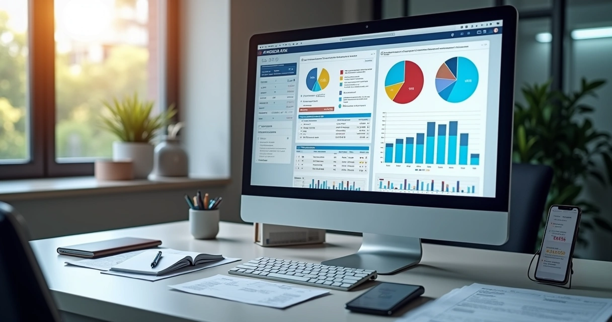Tela de computador exibindo calculadora tributária digital com gráficos e dados fiscais integrados 