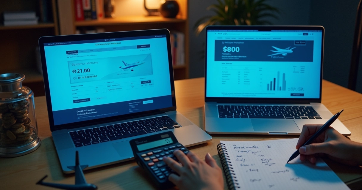 Pessoa calculando valor de milhas comparando telas de passagem com dinheiro 