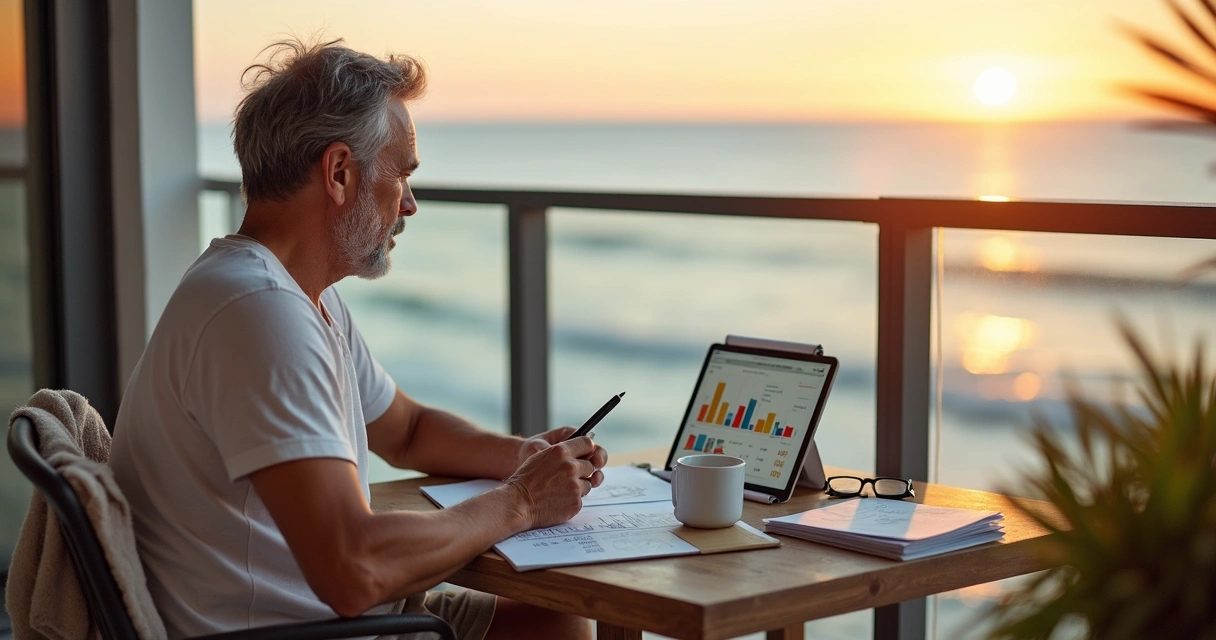 Homem maduro na varanda à beira-mar calculando aposentadoria em caderno com vista tranquila 