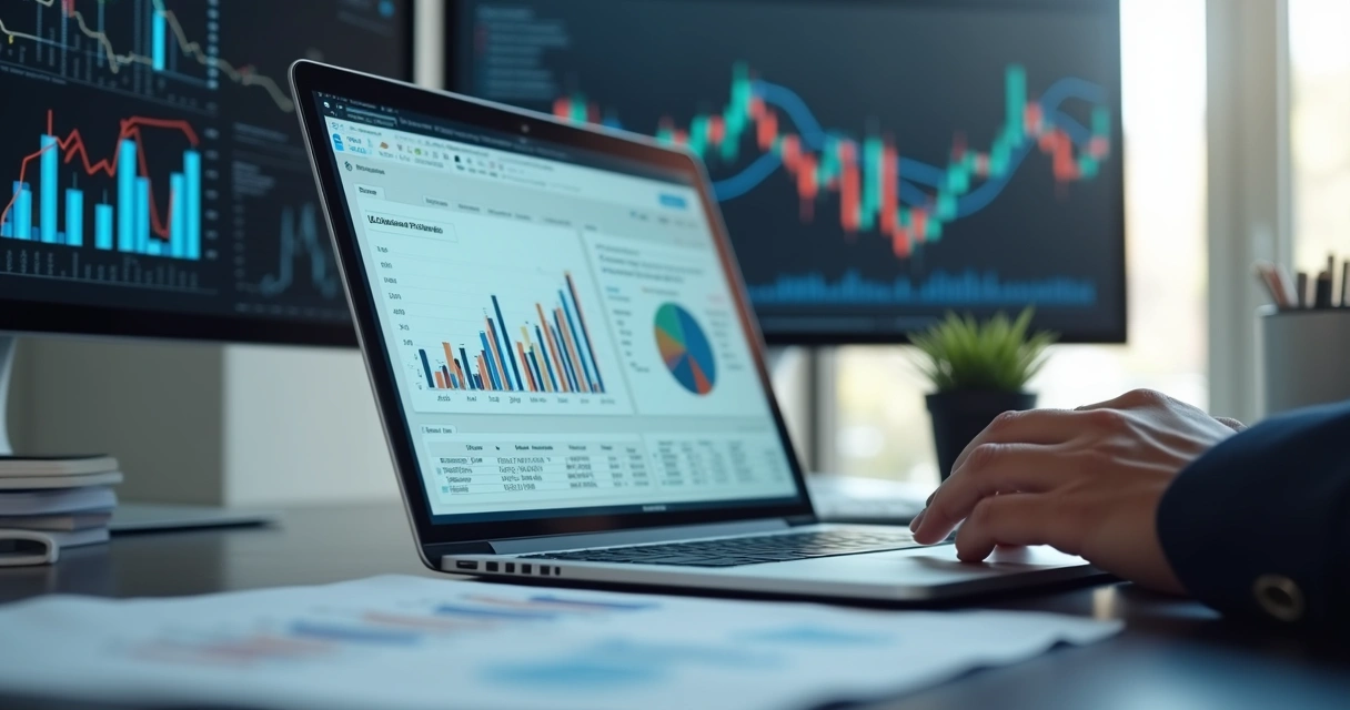 Pessoa analisando gráficos financeiros em um laptop com planilhas de marketing e vendas ao lado 