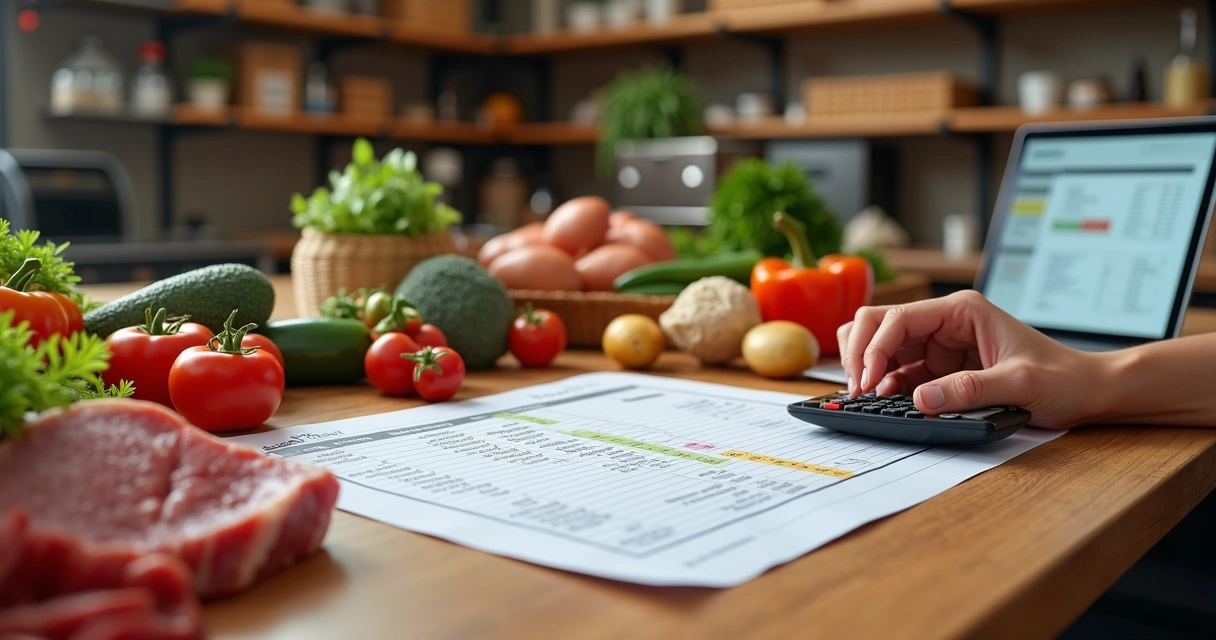 Mesa com planilha e calculadora ao lado de ingredientes e estoque de alimentos organizados para controle de CMV no restaurante 