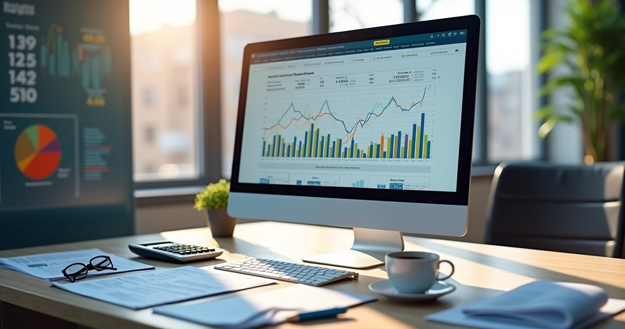 Mesa de escritório com computador exibindo planilha de fluxo de caixa, gráficos financeiros coloridos e documentos organizados ao redor 