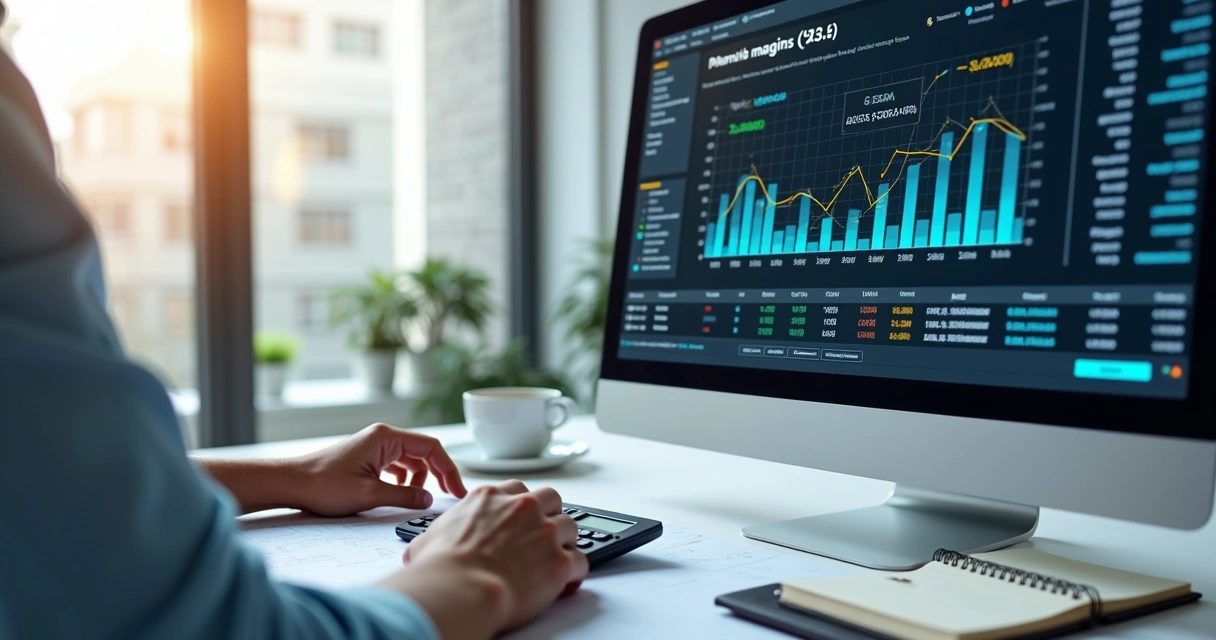 Profissional analisando gráficos financeiros e cálculos de margem de lucro em tela de computador em ambiente de escritório moderno 
