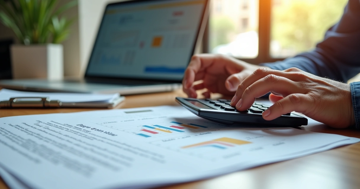 Pessoa calculando a multa rescisória em contrato de aluguel com documentos e calculadora na mesa 
