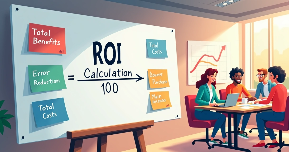 Ilustração de uma equipe em um escritório planejando o cálculo do ROI em uma lousa com a fórmula apresentada.