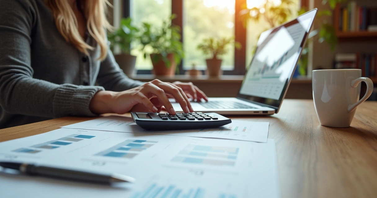 Pessoa calculando orçamento financeiro em mesa de trabalho com calculadora e documentos 