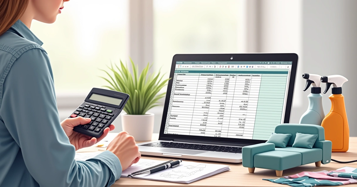 Pessoa calculando preço de lavagem de sofá com planilha e calculadora 