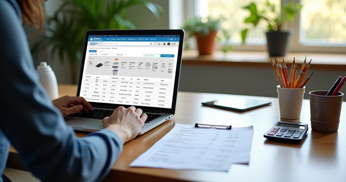 Pessoa calculando preços de produtos com laptop aberto na tela do Mercado Livre, planilha de custos e anotações ao lado 