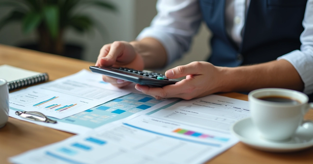 Pessoa calculando preço de serviço com papéis, caneta e calculadora