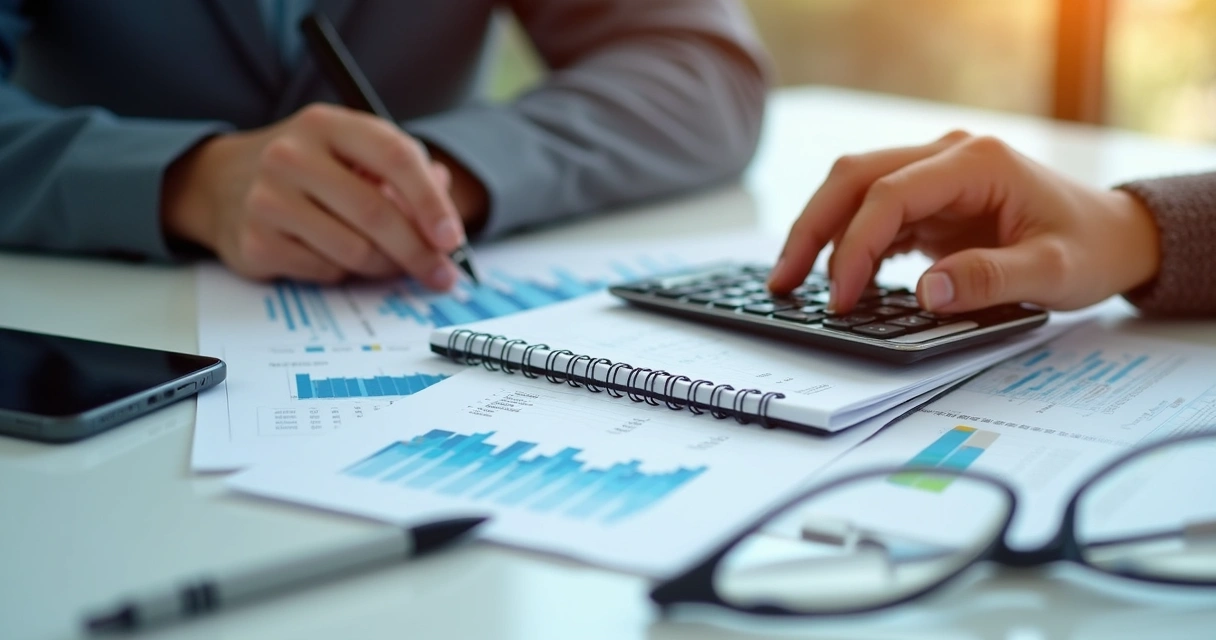 Pessoa calculando reajuste de aluguel com calculadora, notebook e documentos financeiros sobre mesa clara 