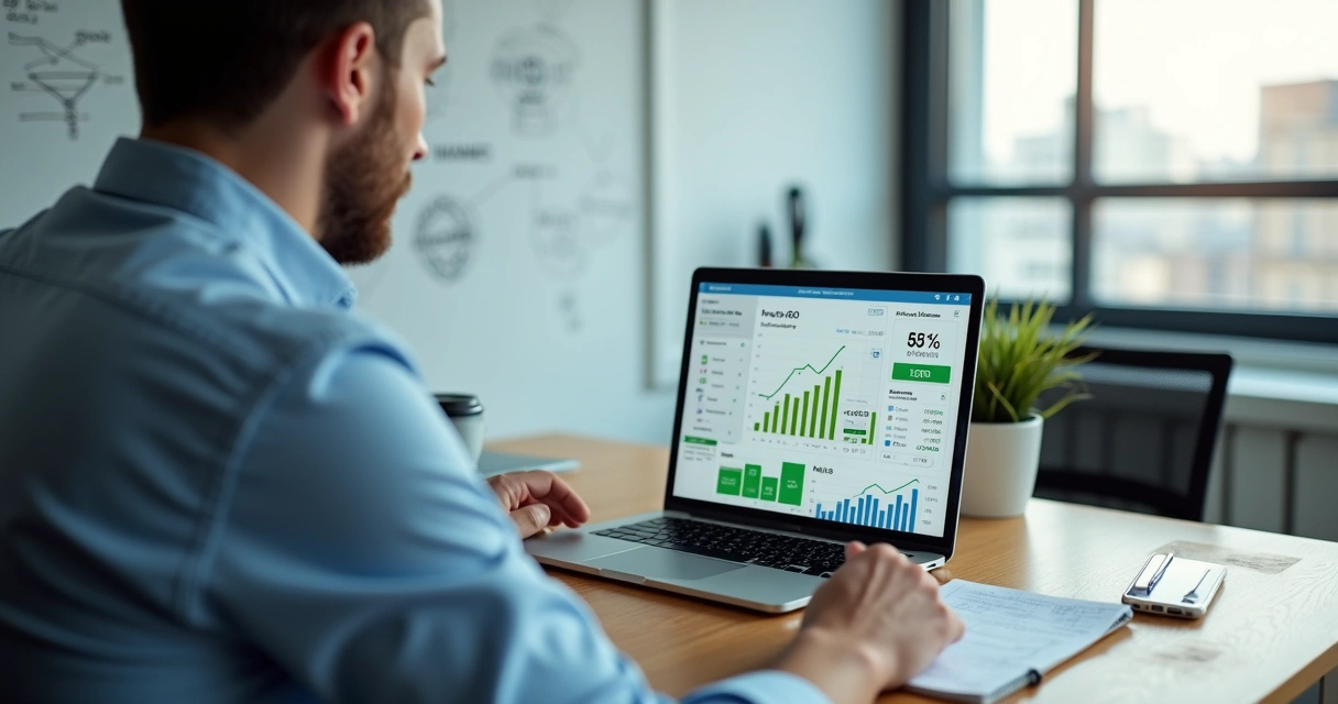 Empresário analisando gráficos de ROI de tráfego pago no notebook em escritório moderno 