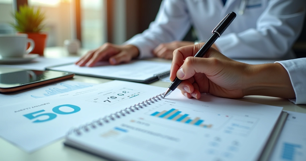 Mão escrevendo cálculos de taxas em um bloco sobre uma mesa com papelada e objetos de clínica