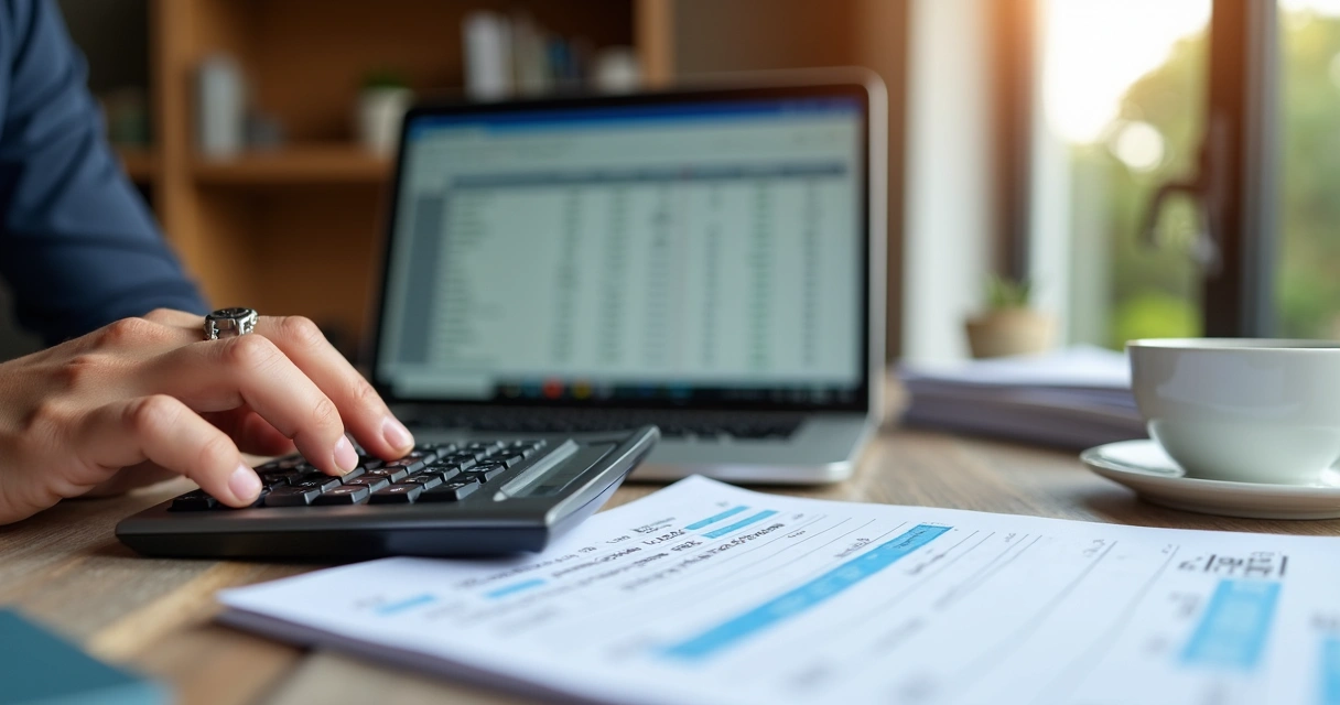 Empreendedor calculando tributos com calculadora, papéis e notas fiscais 