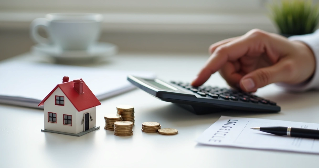 Hand using calculator beside small house model and coins 