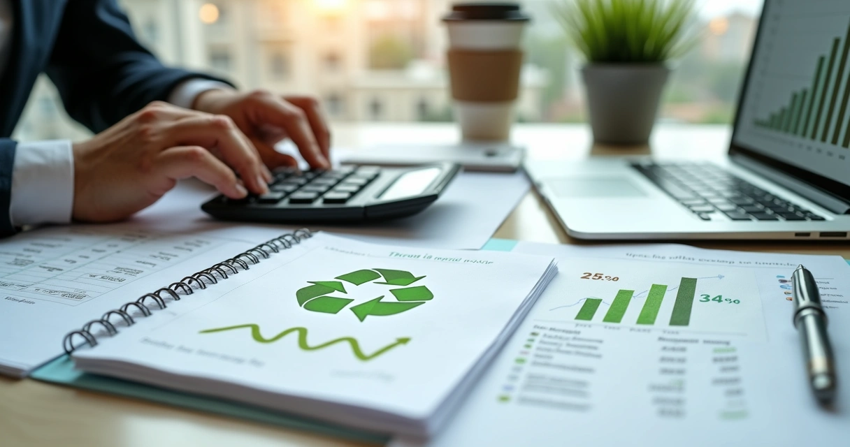 Profissional usando calculadora ao lado de símbolos de reciclagem e gráficos financeiros 