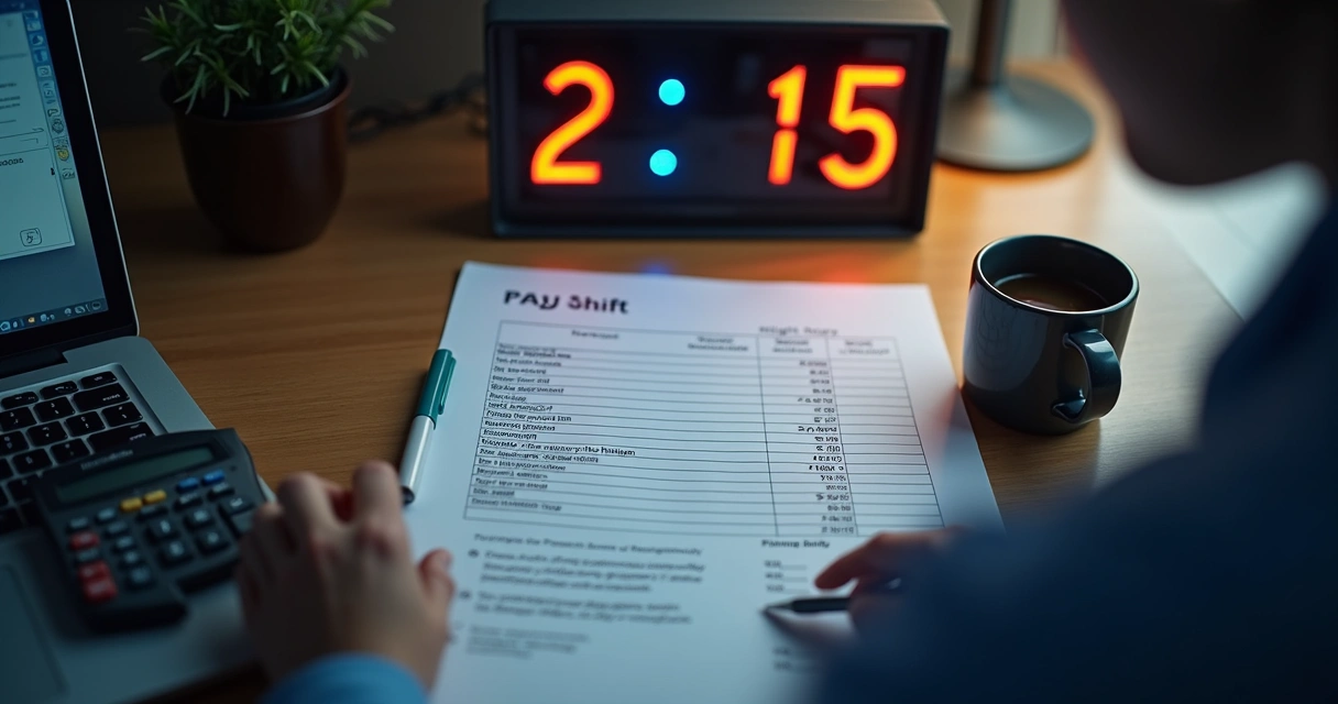 Pessoa calculando folha de pagamento noturna com planilha e calculadora 