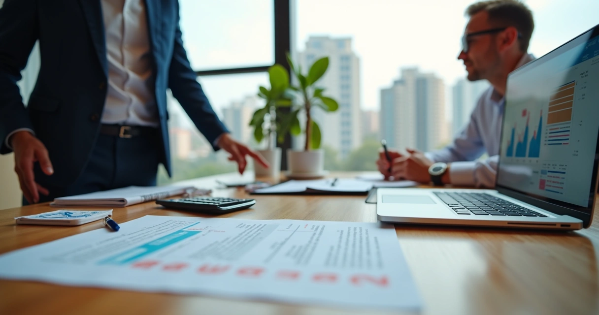 Corretor e proprietária calculando aluguel proporcional em notebook com contrato e calendário 