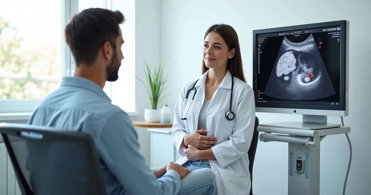 Médica mostra resultado de ultrassom da vesícula com pequenos cálculos a paciente atenta 