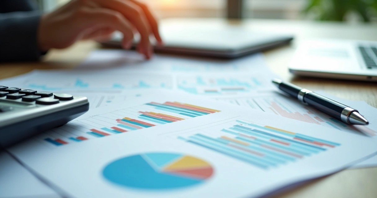 Mesa de escritório com calculadora, gráficos financeiros e documento de benefício fiscal empresarial 